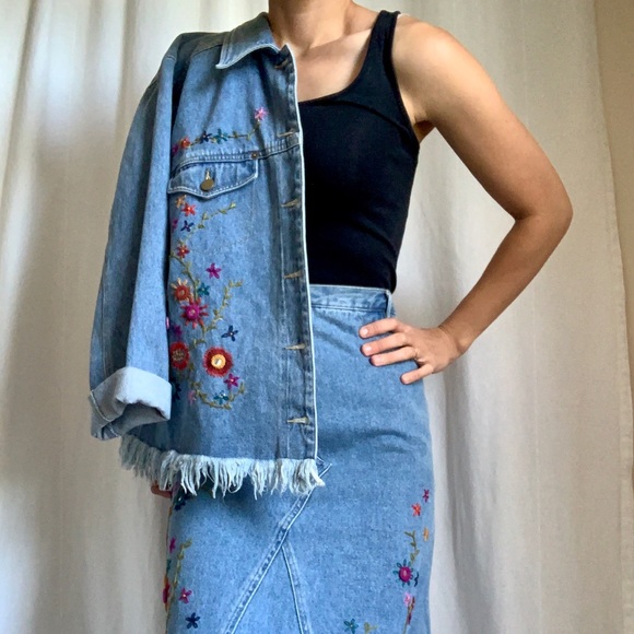 denim jacket and matching skirt
